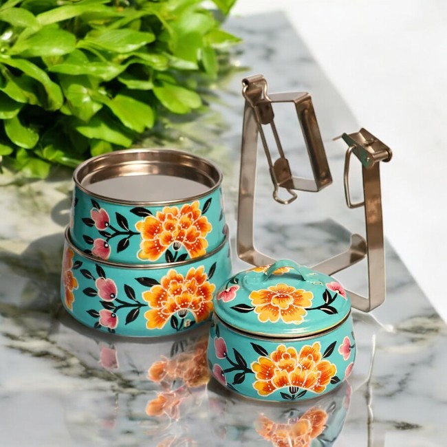 Hand Painted 3 Tier Steel Tiffin Box -Sky Blue