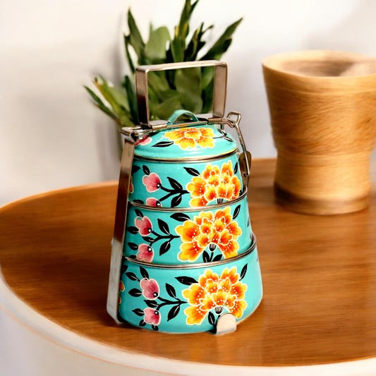 Hand Painted 3 Tier Steel Tiffin Box -Sky Blue
