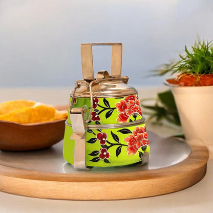 Hand Painted 3 Tier Steel Tiffin Box -Green