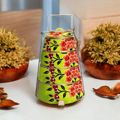 Hand Painted 3 Tier Steel Tiffin Box -Green