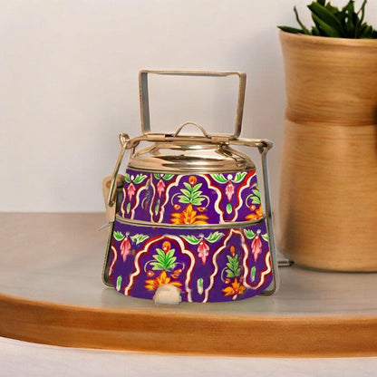 Hand Painted 3 Tier Steel Tiffin Box-Purple
