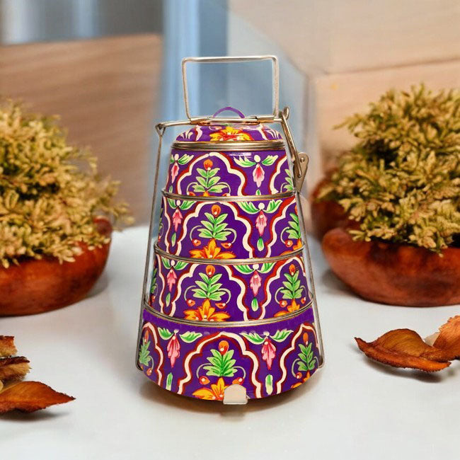 Hand Painted 3 Tier Steel Tiffin Box-Purple