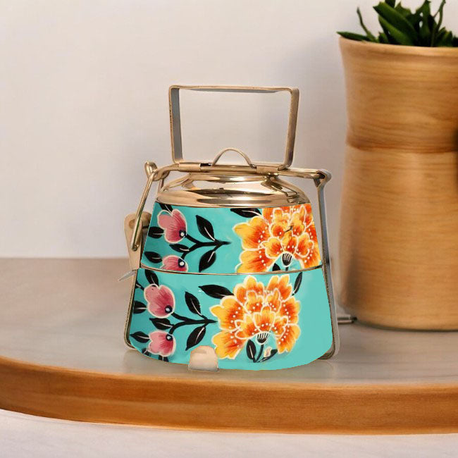 Hand Painted 3 Tier Steel Tiffin Box -Sky Blue