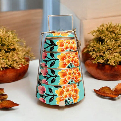 Hand Painted 3 Tier Steel Tiffin Box -Sky Blue