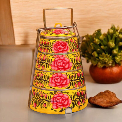 Hand Painted 3 Tier Steel Tiffin Box Yellow