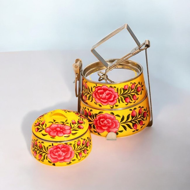 Hand Painted 3 Tier Steel Tiffin Box Yellow