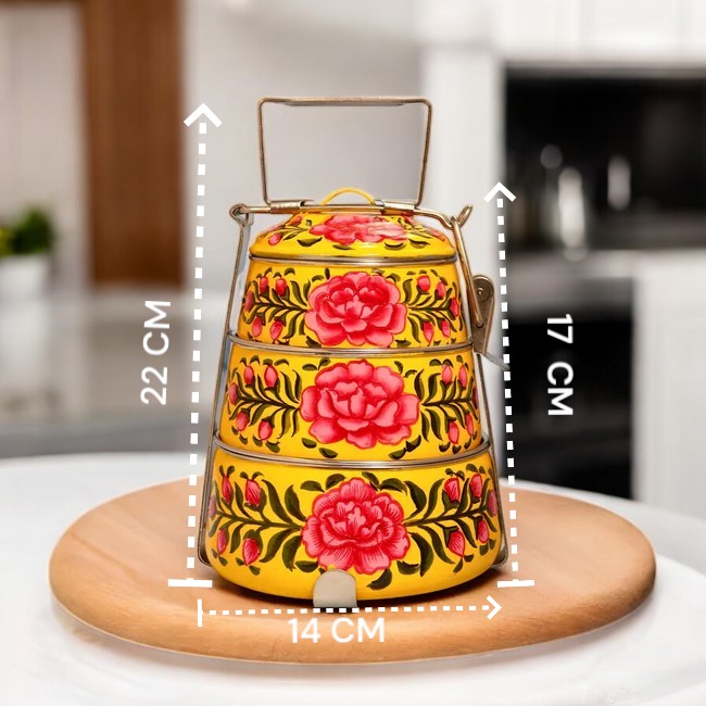 Hand Painted 3 Tier Steel Tiffin Box Yellow