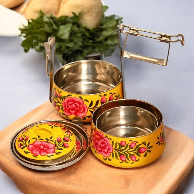 Hand Painted 3 Tier Steel Tiffin Box Yellow