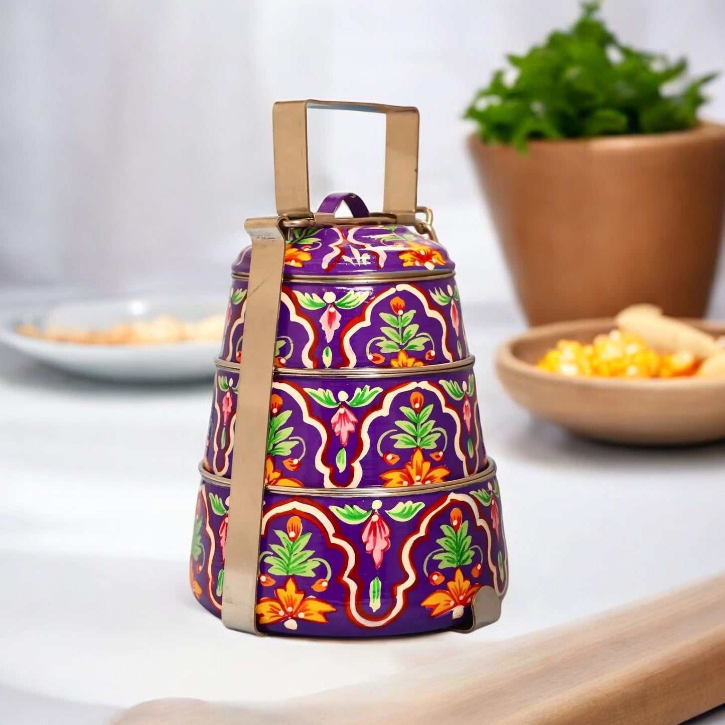 Hand Painted 3 Tier Steel Tiffin Box-Purple
