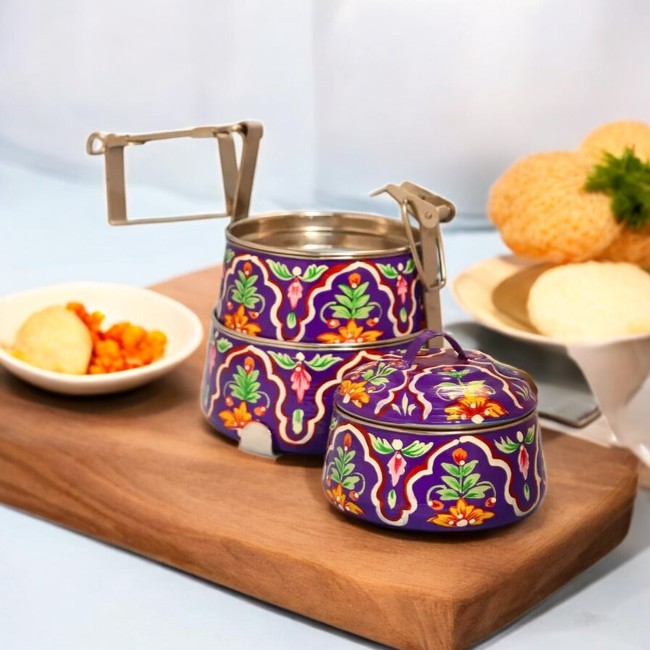 Hand Painted 3 Tier Steel Tiffin Box-Purple
