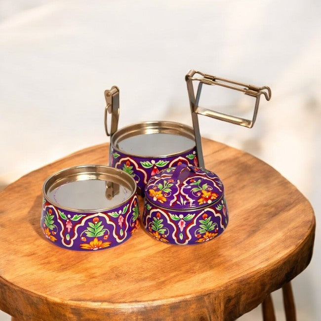 Hand Painted 3 Tier Steel Tiffin Box-Purple