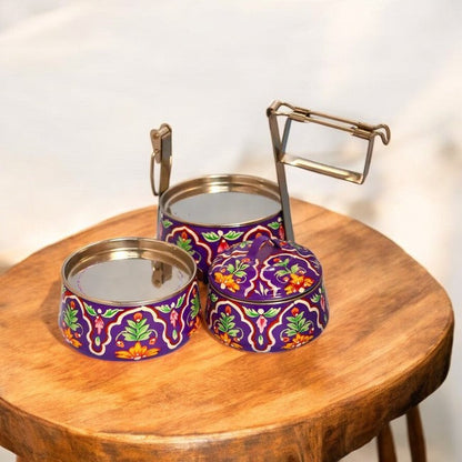 Hand Painted 3 Tier Steel Tiffin Box-Purple