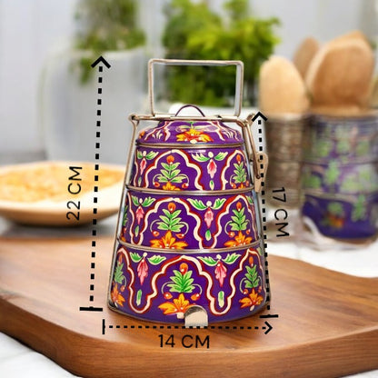 Hand Painted 3 Tier Steel Tiffin Box-Purple