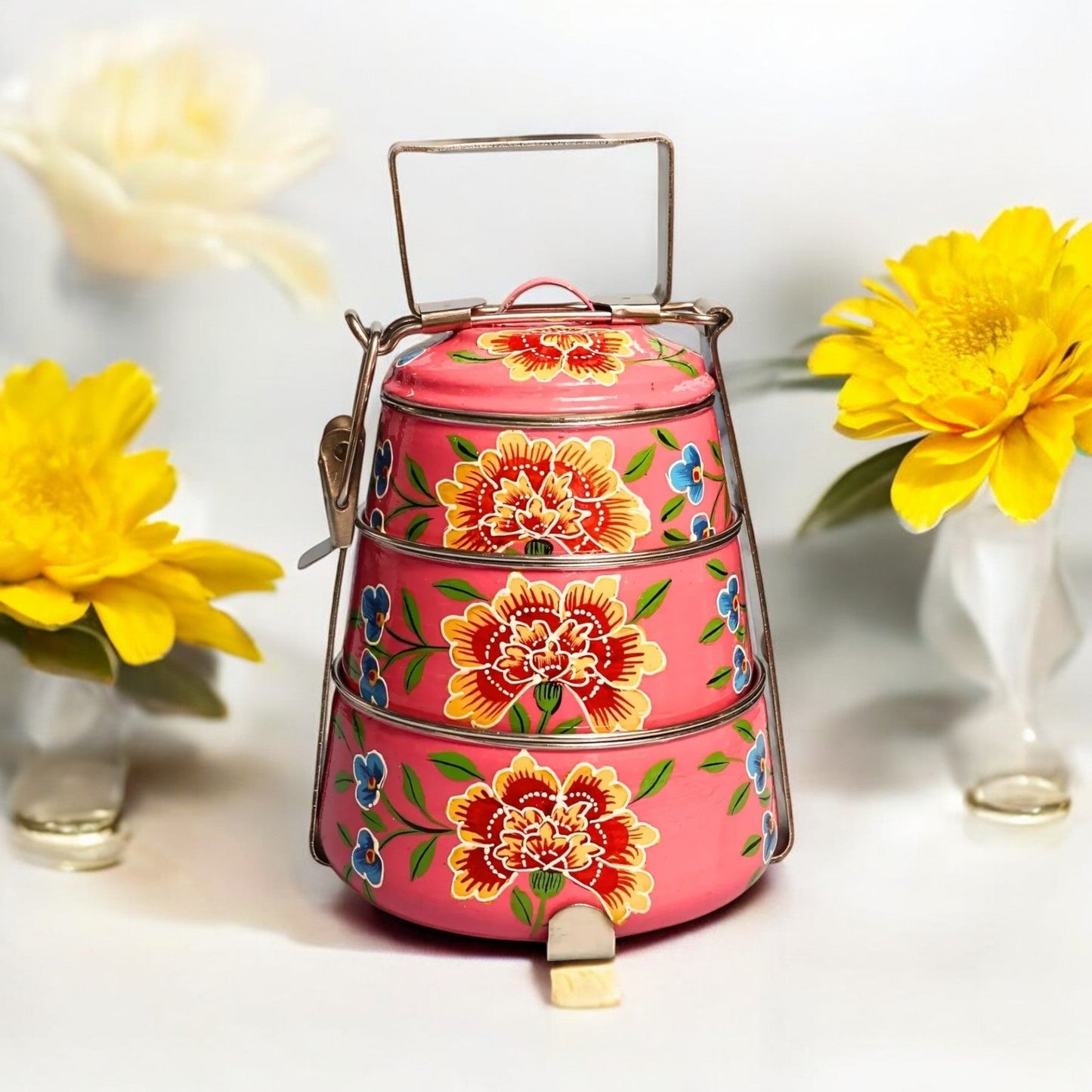 Hand Painted 3 Tier Steel tiffin Box-Pink