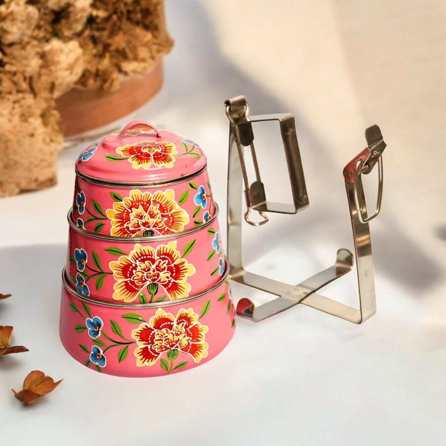 Hand Painted 3 Tier Steel tiffin Box-Pink