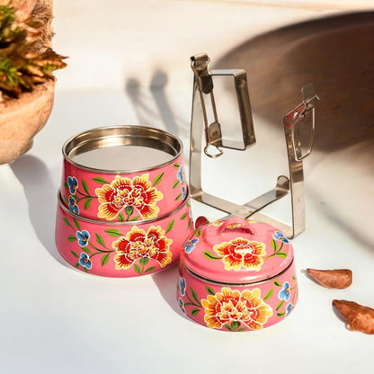 Hand Painted 3 Tier Steel tiffin Box-Pink