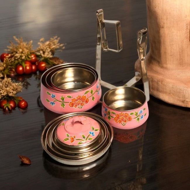 Hand Painted 3 Tier Steel tiffin Box-Pink