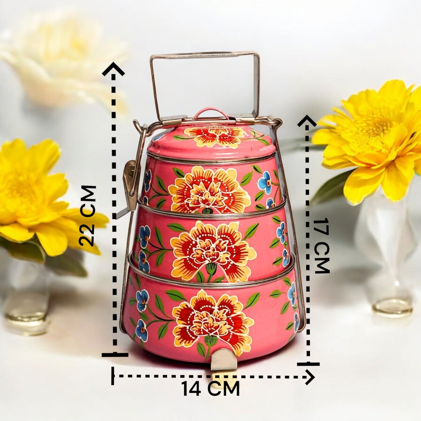 Hand Painted 3 Tier Steel tiffin Box-Pink