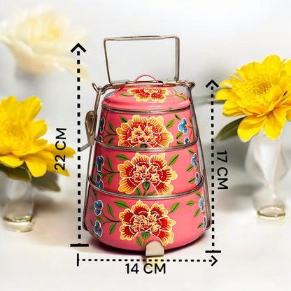 Hand Painted 3 Tier Steel tiffin Box-Pink