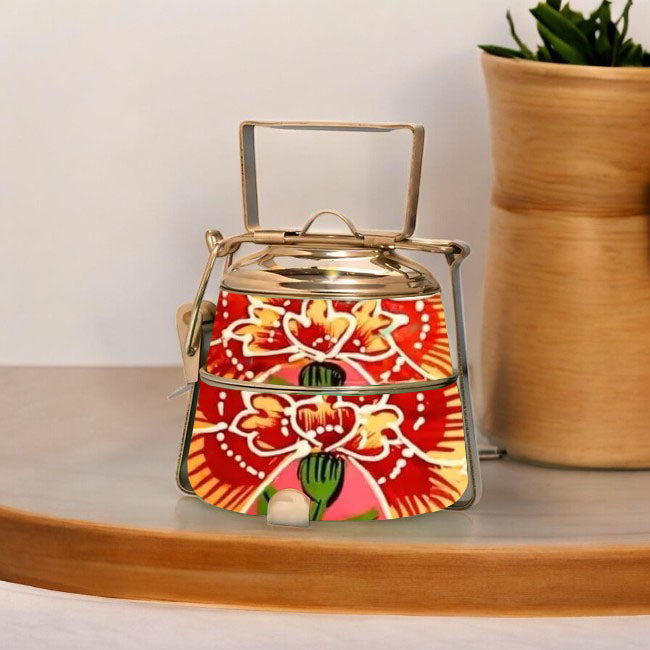 Hand Painted 3 Tier Steel tiffin Box-Pink