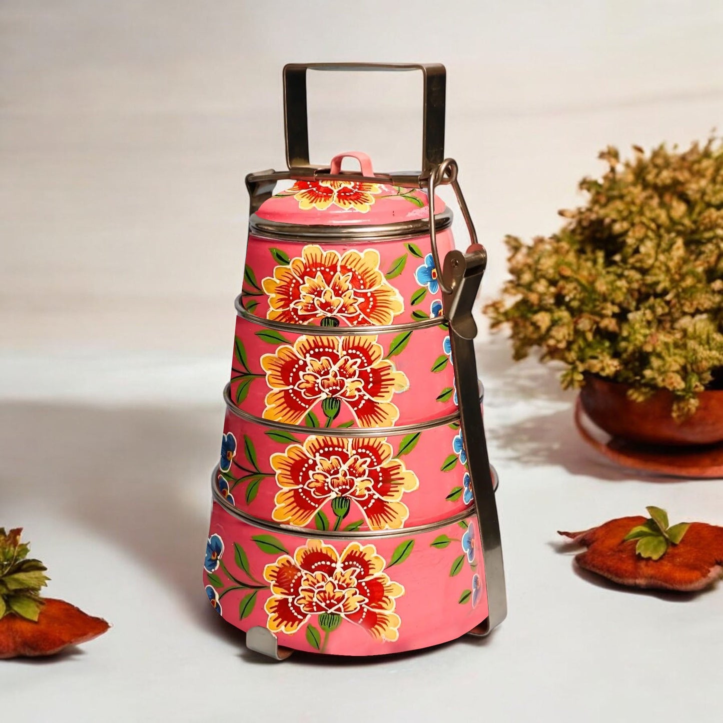 Hand Painted 3 Tier Steel tiffin Box-Pink
