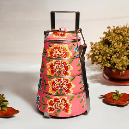 Hand Painted 3 Tier Steel tiffin Box-Pink