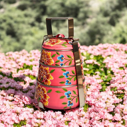 Hand Painted 3 Tier Steel tiffin Box-Pink