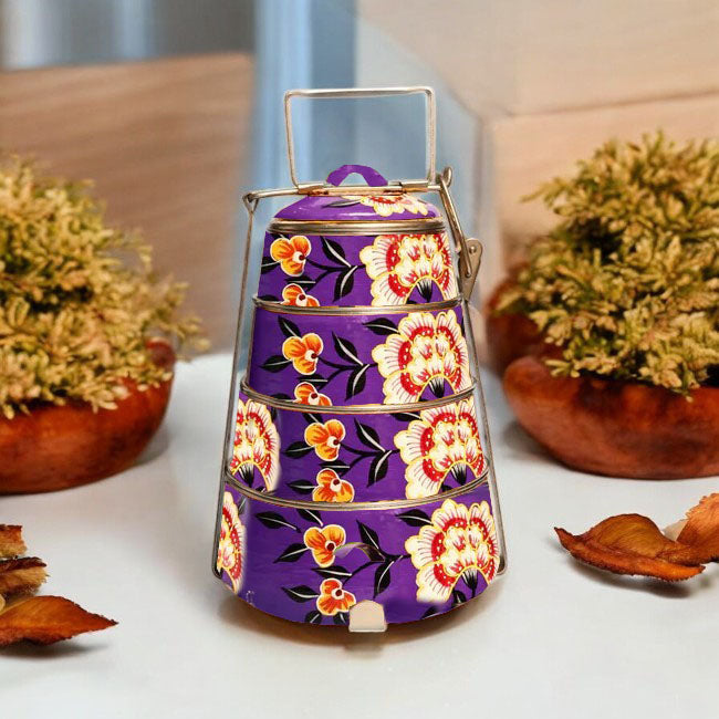 Hand Painted 3 Tier Steel tiffin Box -purple