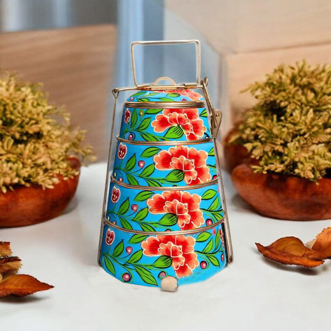 Hand Painted 3 Tier Steel Tiffin Box -Blue