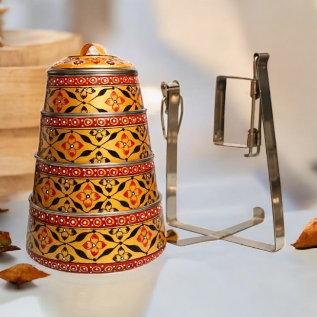 Hand Painted 4 Tier Steel tiffin Box -Gold