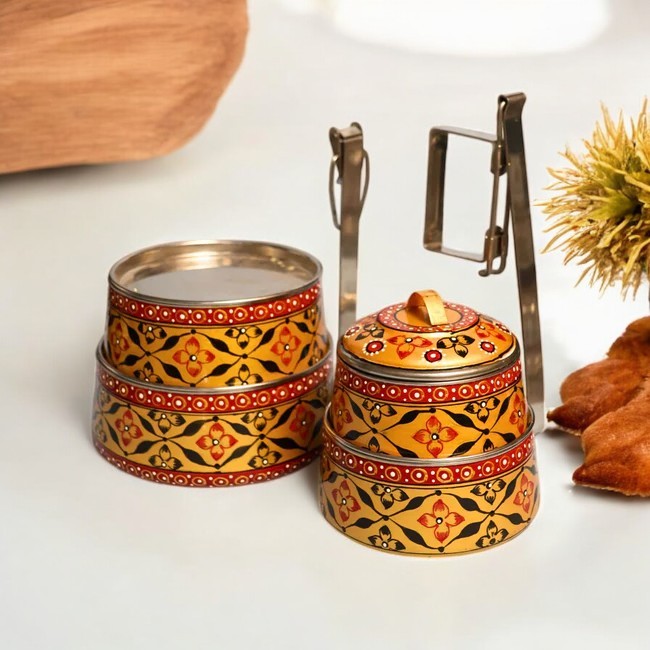 Hand Painted 4 Tier Steel tiffin Box -Gold