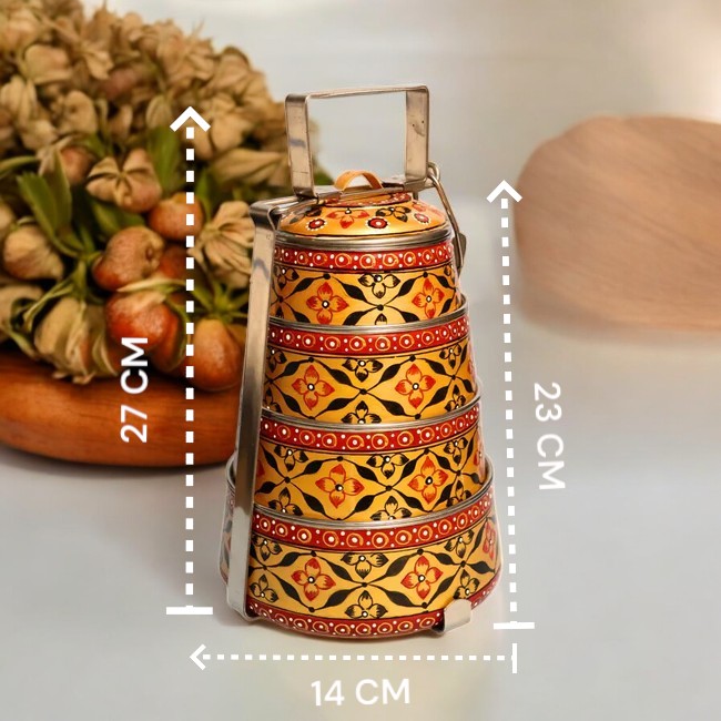 Hand Painted 4 Tier Steel tiffin Box -Gold