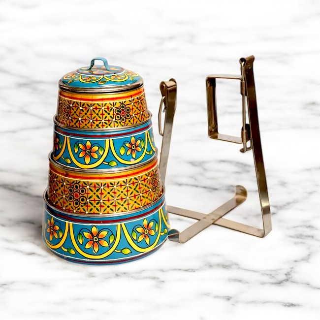 Hand Painted 4 Tier Steel tiffin Box -Gold Blue