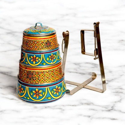 Hand Painted 4 Tier Steel tiffin Box -Gold Blue