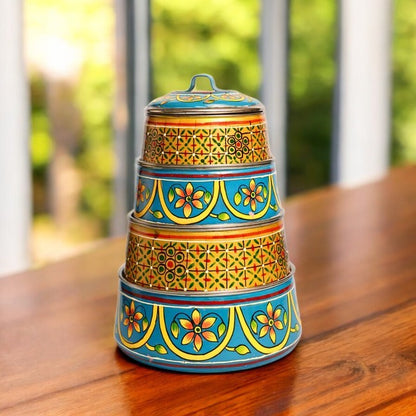 Hand Painted 4 Tier Steel tiffin Box -Gold Blue