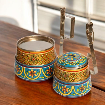 Hand Painted 4 Tier Steel tiffin Box -Gold Blue