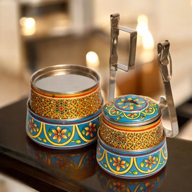 Hand Painted 4 Tier Steel tiffin Box -Gold Blue