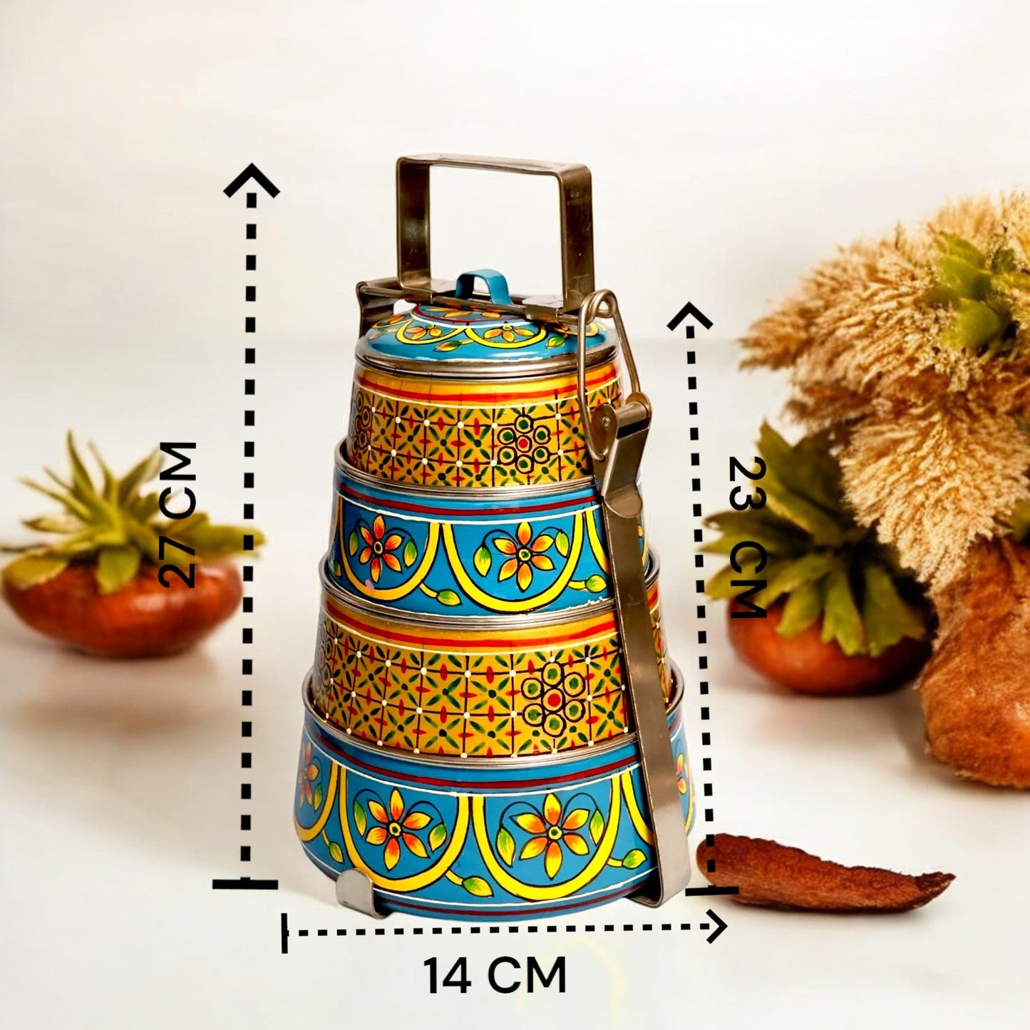 Hand Painted 4 Tier Steel tiffin Box -Gold Blue