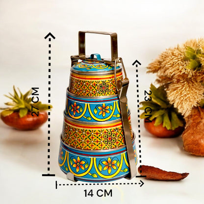 Hand Painted 4 Tier Steel tiffin Box -Gold Blue