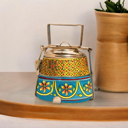 Hand Painted 4 Tier Steel tiffin Box -Gold Blue