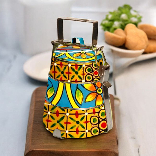 Hand Painted 4 Tier Steel tiffin Box -Gold Blue