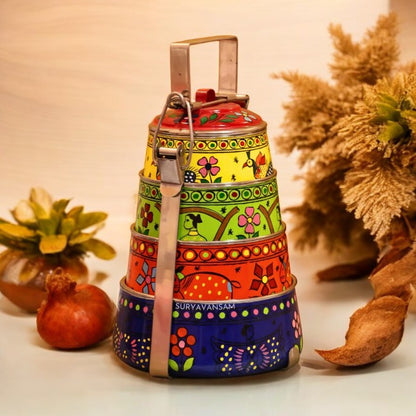 Hand Painted 4 Tier Steel tiffin Box -Multicolor