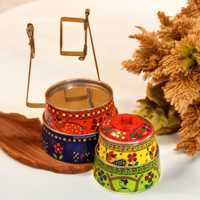 Hand Painted 4 Tier Steel tiffin Box -Multicolor