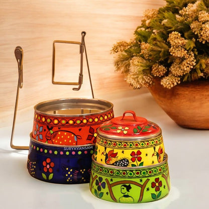 Hand Painted 4 Tier Steel tiffin Box -Multicolor