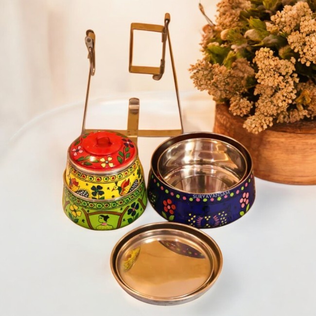 Hand Painted 4 Tier Steel tiffin Box -Multicolor
