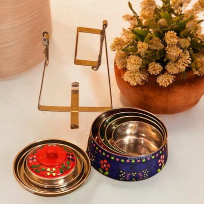 Hand Painted 4 Tier Steel tiffin Box -Multicolor