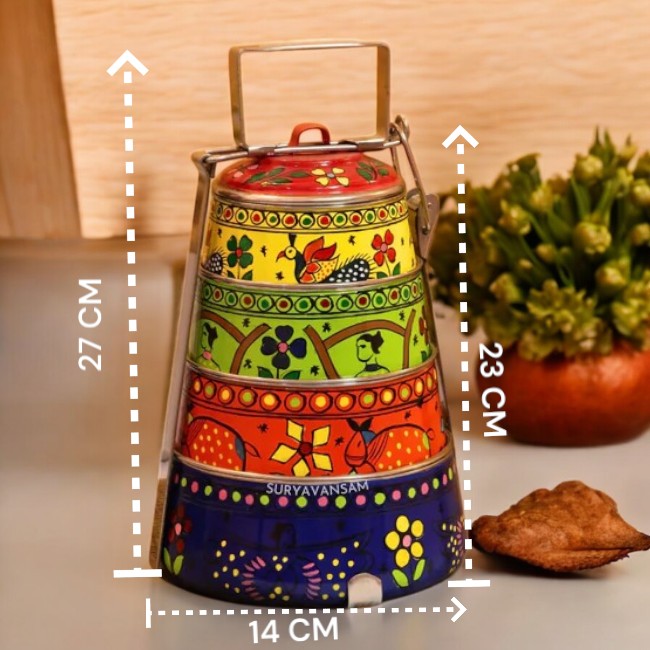 Hand Painted 4 Tier Steel tiffin Box -Multicolor