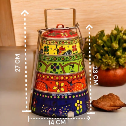 Hand Painted 4 Tier Steel tiffin Box -Multicolor