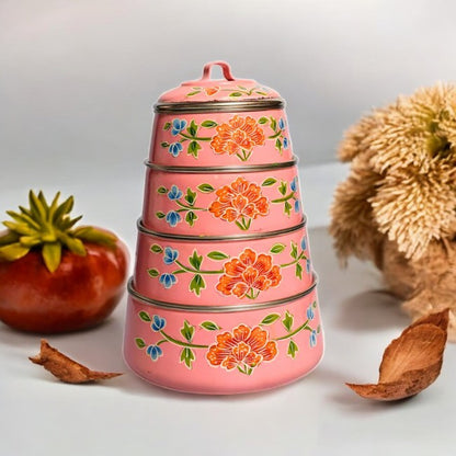 Hand Painted 4 Tier Steel tiffin Box -Pink