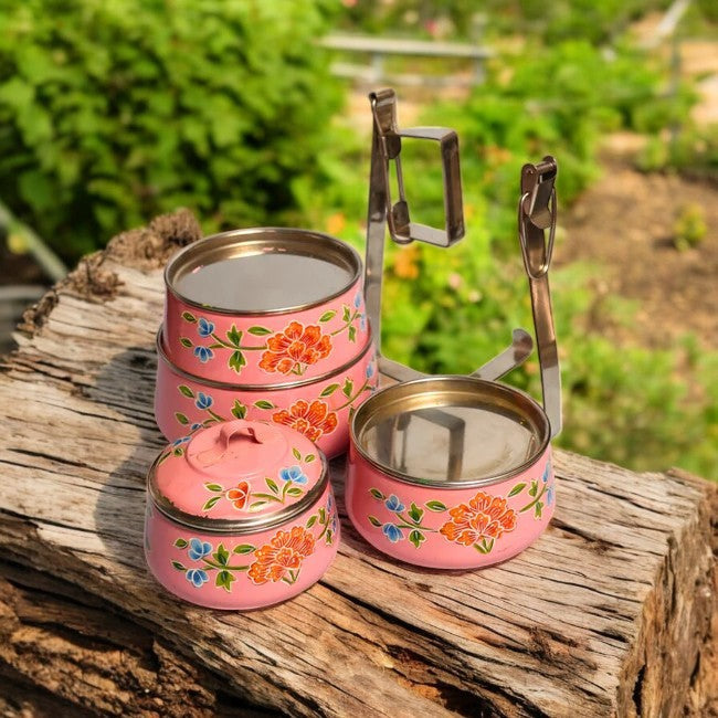 Hand Painted 4 Tier Steel tiffin Box -Pink